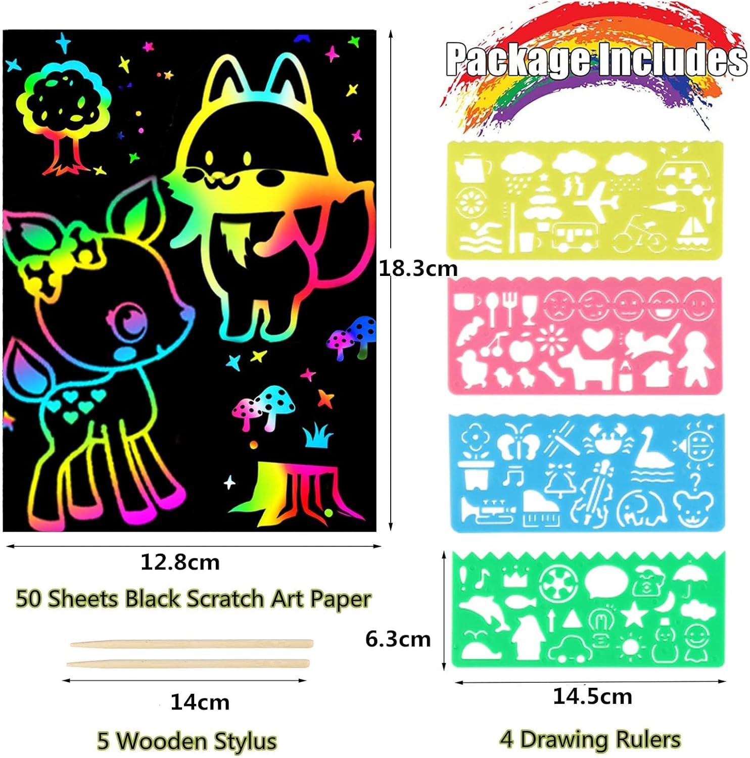 Scratch Paper Art Set for Kids: 50 Sheets Magic Black Scratch Art Paper Cards with 4 Stencils 5 Wooden Stylus, Gifts for Kids Ages 3-12 Girls Boys Birthday Christmas Party Favors Travel Toys