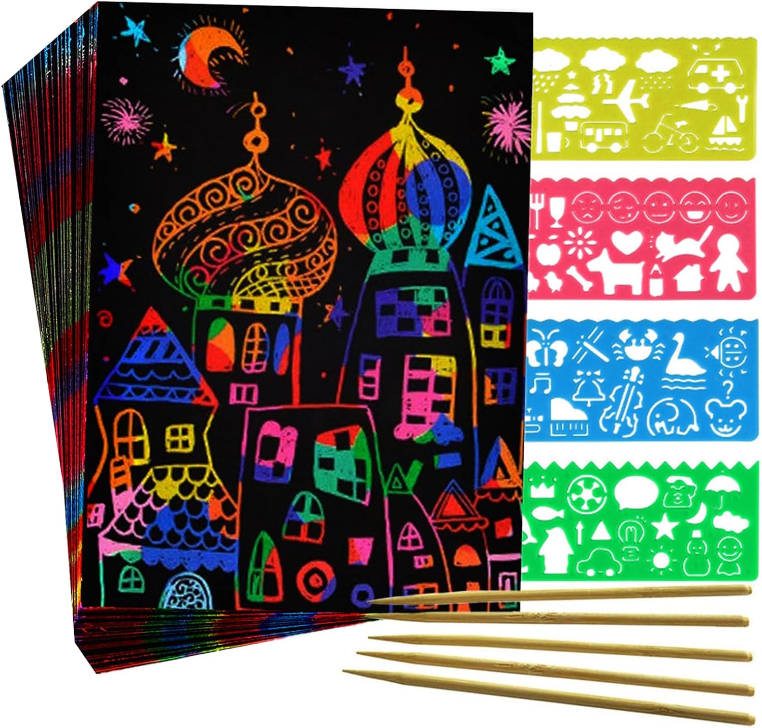 Scratch Paper Art Set for Kids: 50 Sheets Magic Black Scratch Art Paper Cards with 4 Stencils 5 Wooden Stylus, Gifts for Kids Ages 3-12 Girls Boys Birthday Christmas Party Favors Travel Toys